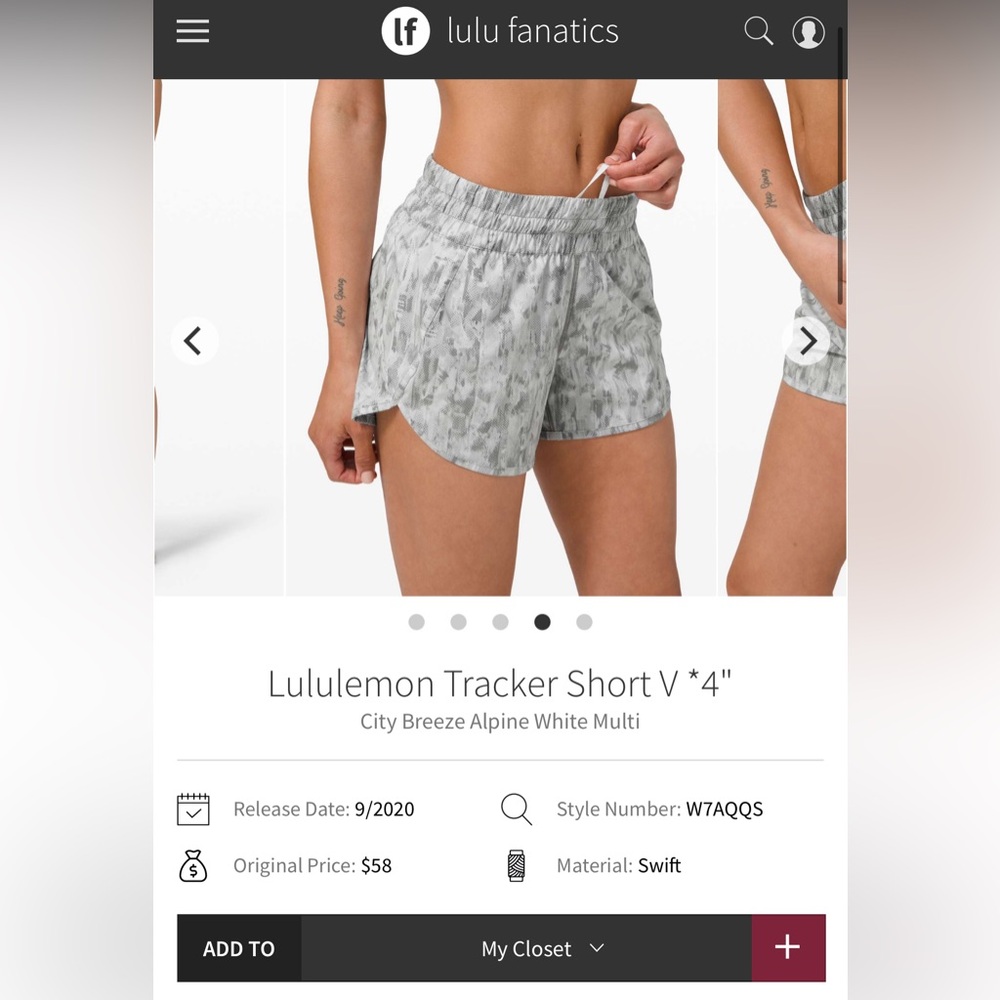 NWOT Lululemon Tracker Short V *4"
City Breeze Alpine White Multi
